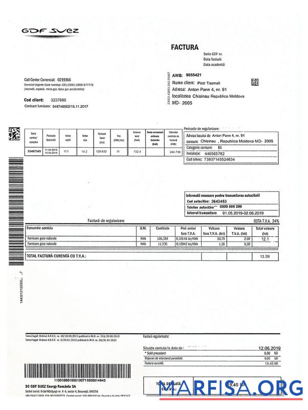 Blank Moldova Gas utility bill template, fully editable in PSD format